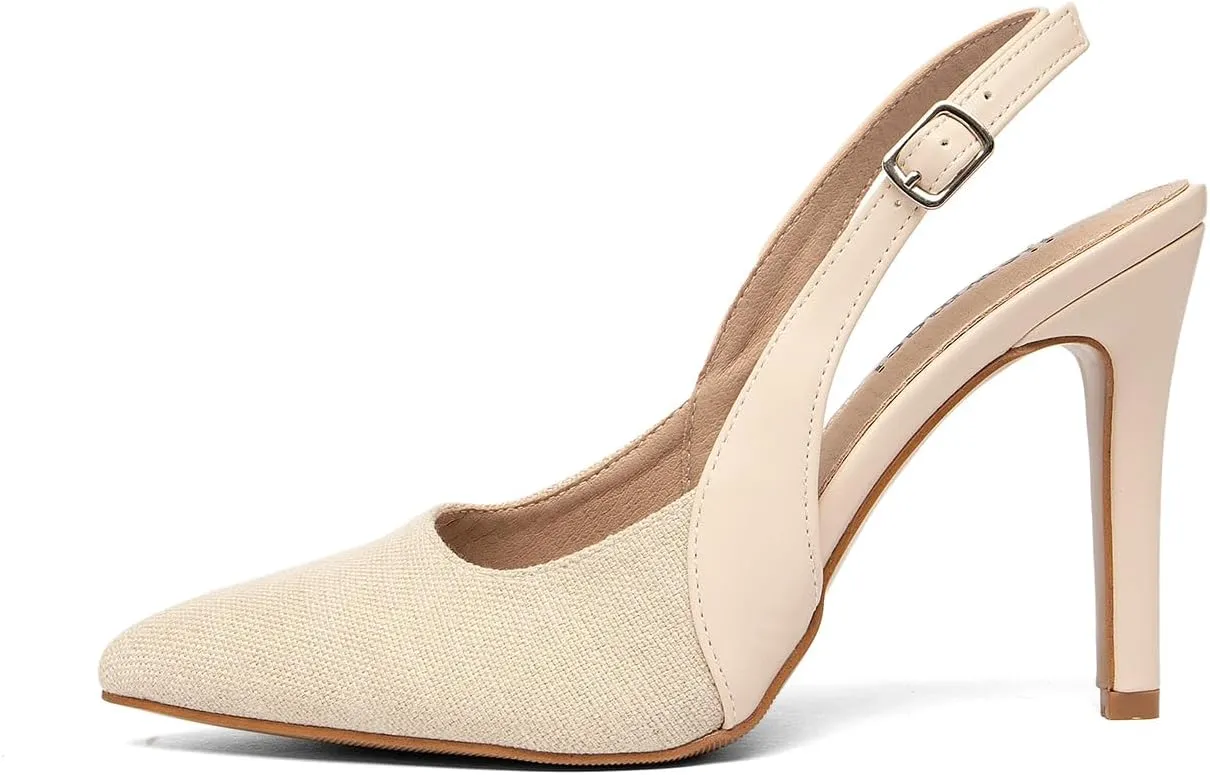 Women's Slingback Heels, Canvas and Leather, Beige and Brown, Pointed Toe, Work Career, Colour Blocking Sexy Pointed Toe Heels