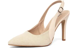 Women's Slingback Heels, Canvas and Leather, Beige and Brown, Pointed Toe, Work Career, Colour Blocking Sexy Pointed Toe Heels