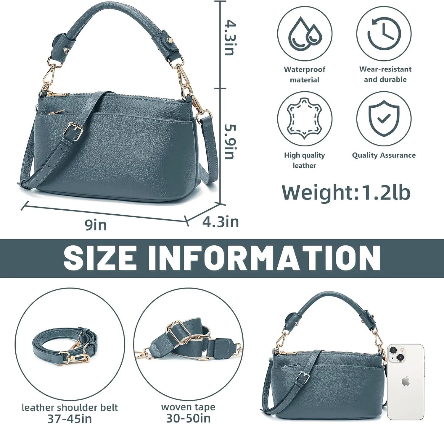 Women's Small Crossbody Bags Lady Cow Leather Shoulder Handbag Purse with 3 Shoulder Straps