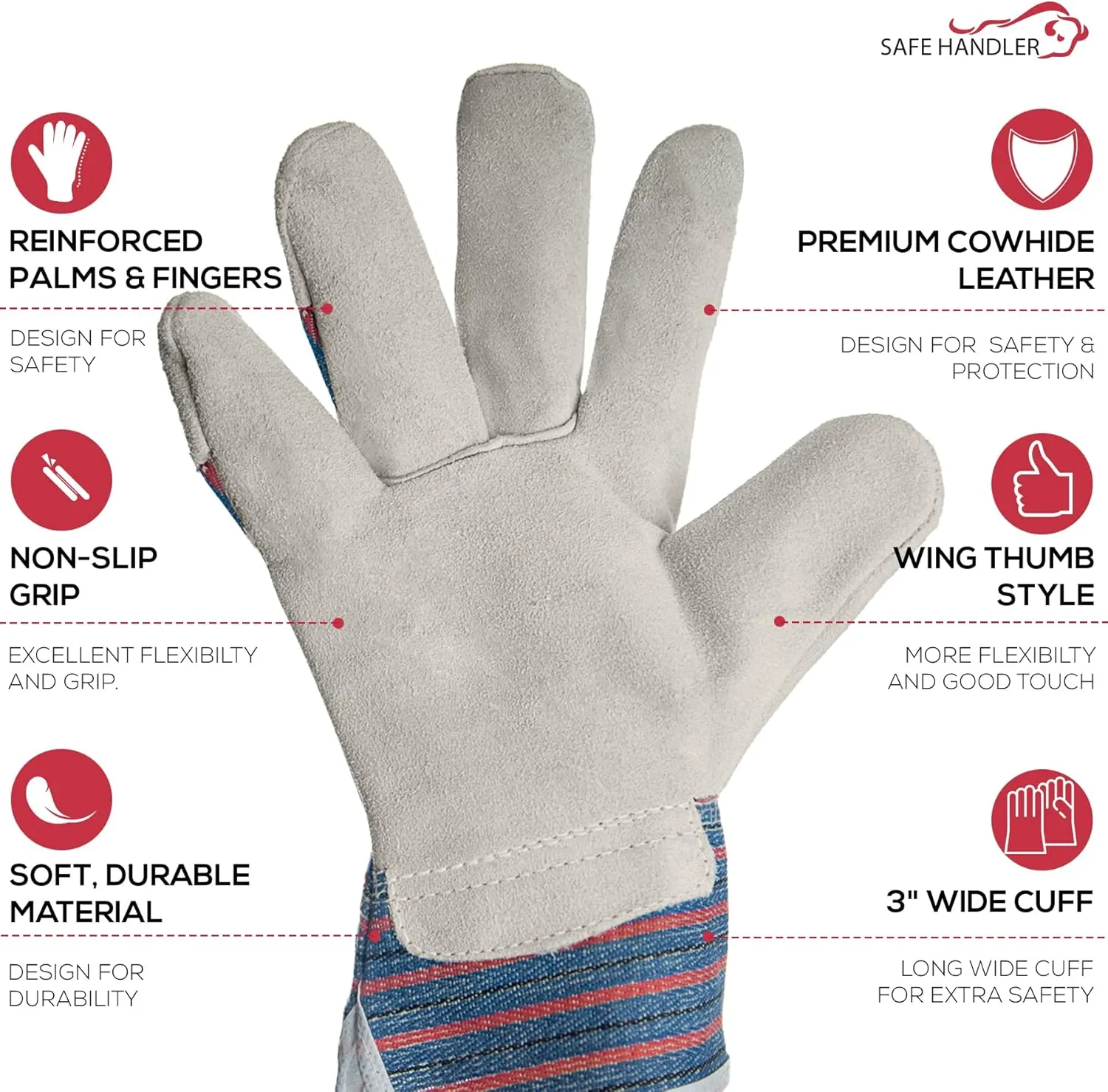Work Leather Gloves with Cool Cotton Lined Backing Lightweight & Versatile Split Leather Safety Cuff Work Gloves