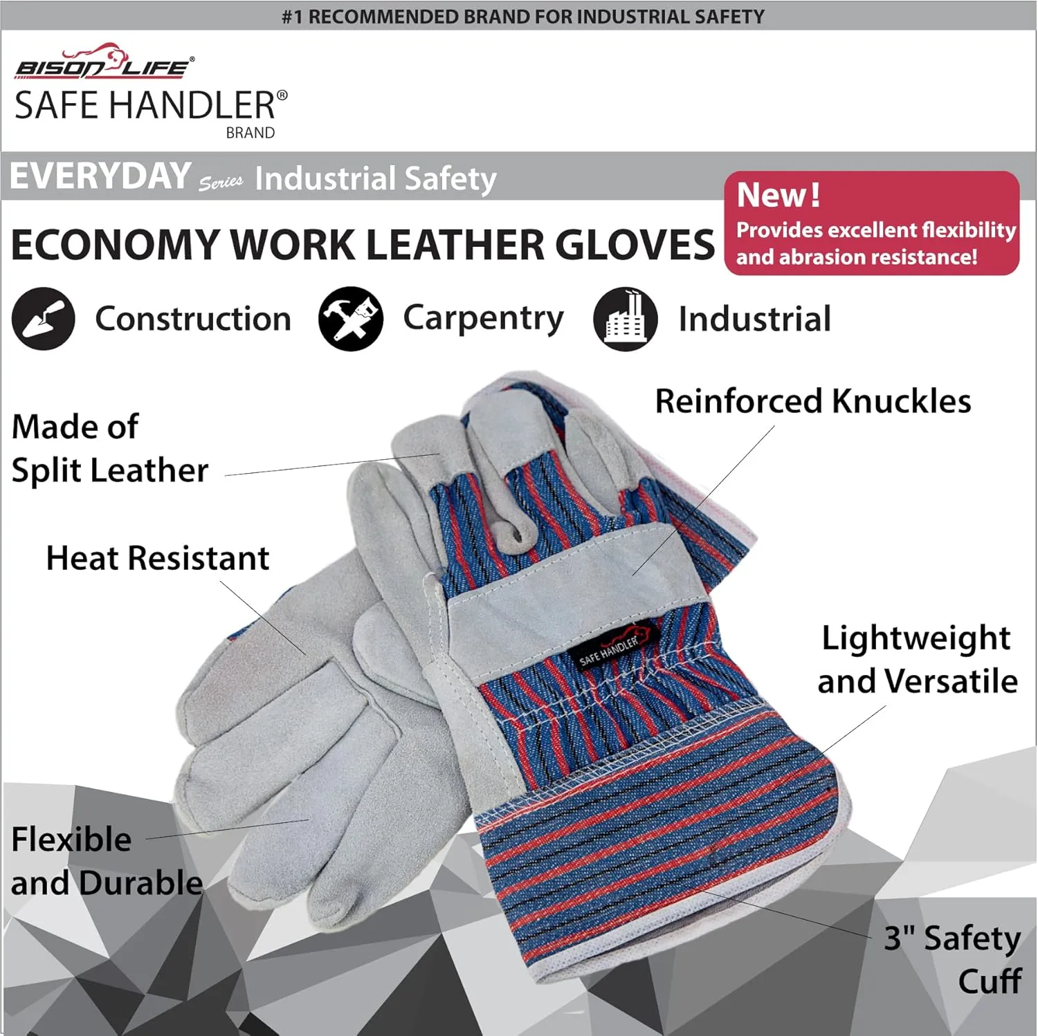 Work Leather Gloves with Cool Cotton Lined Backing Lightweight & Versatile Split Leather Safety Cuff Work Gloves