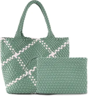 Woven Bag for Women Vegan Leather Tote Bag Large Summer Beach Travel Handbag and Clutch Retro Handmade Shoulder Bag