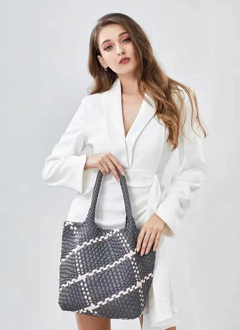 Woven Bag for Women Vegan Leather Tote Bag Large Summer Beach Travel Handbag and Clutch Retro Handmade Shoulder Bag