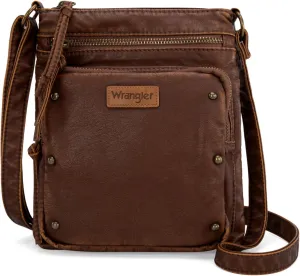Wrangler Crossbody Bag for Women Small Soft Washed Leather Multi Pocket Shoulder Purses