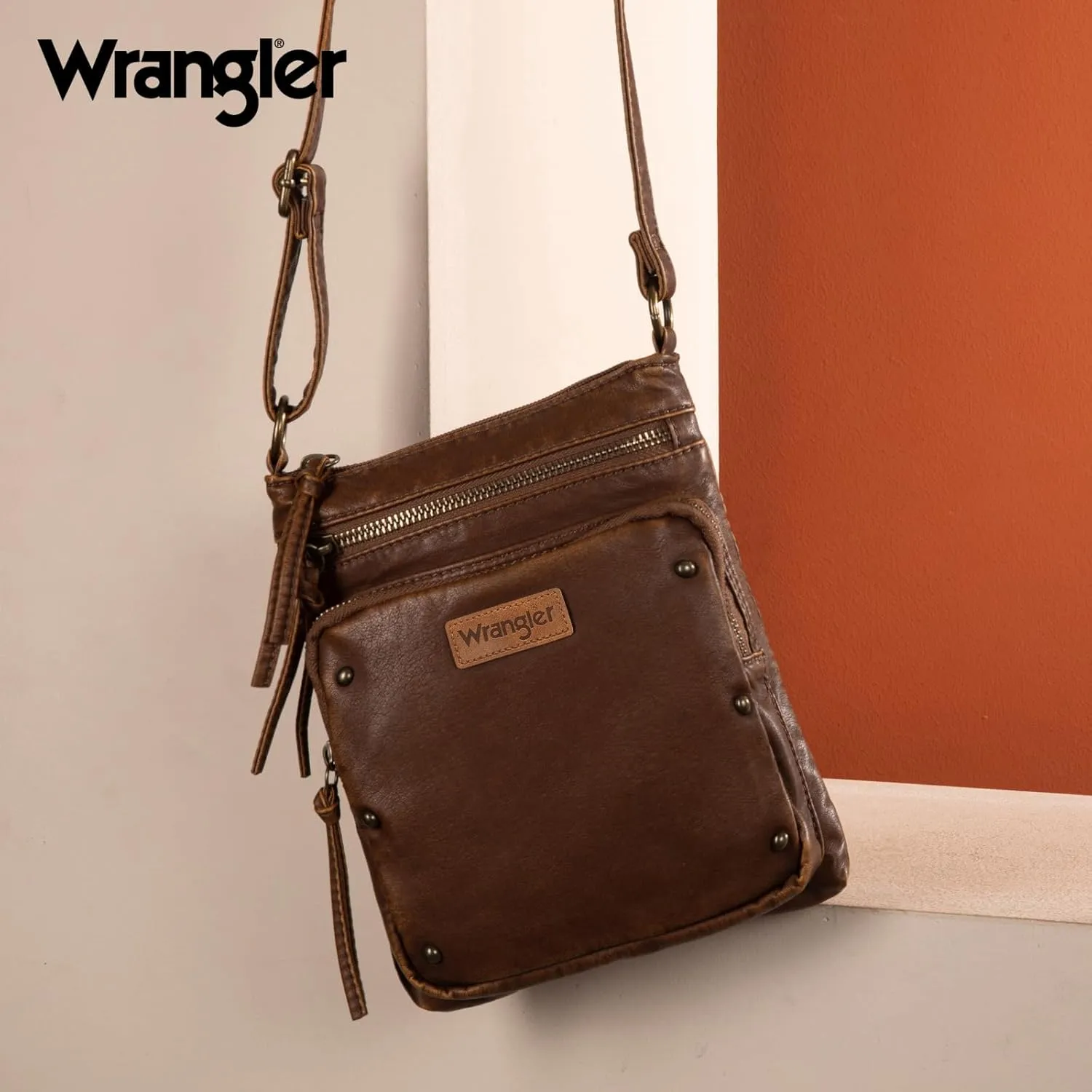 Wrangler Crossbody Bag for Women Small Soft Washed Leather Multi Pocket Shoulder Purses