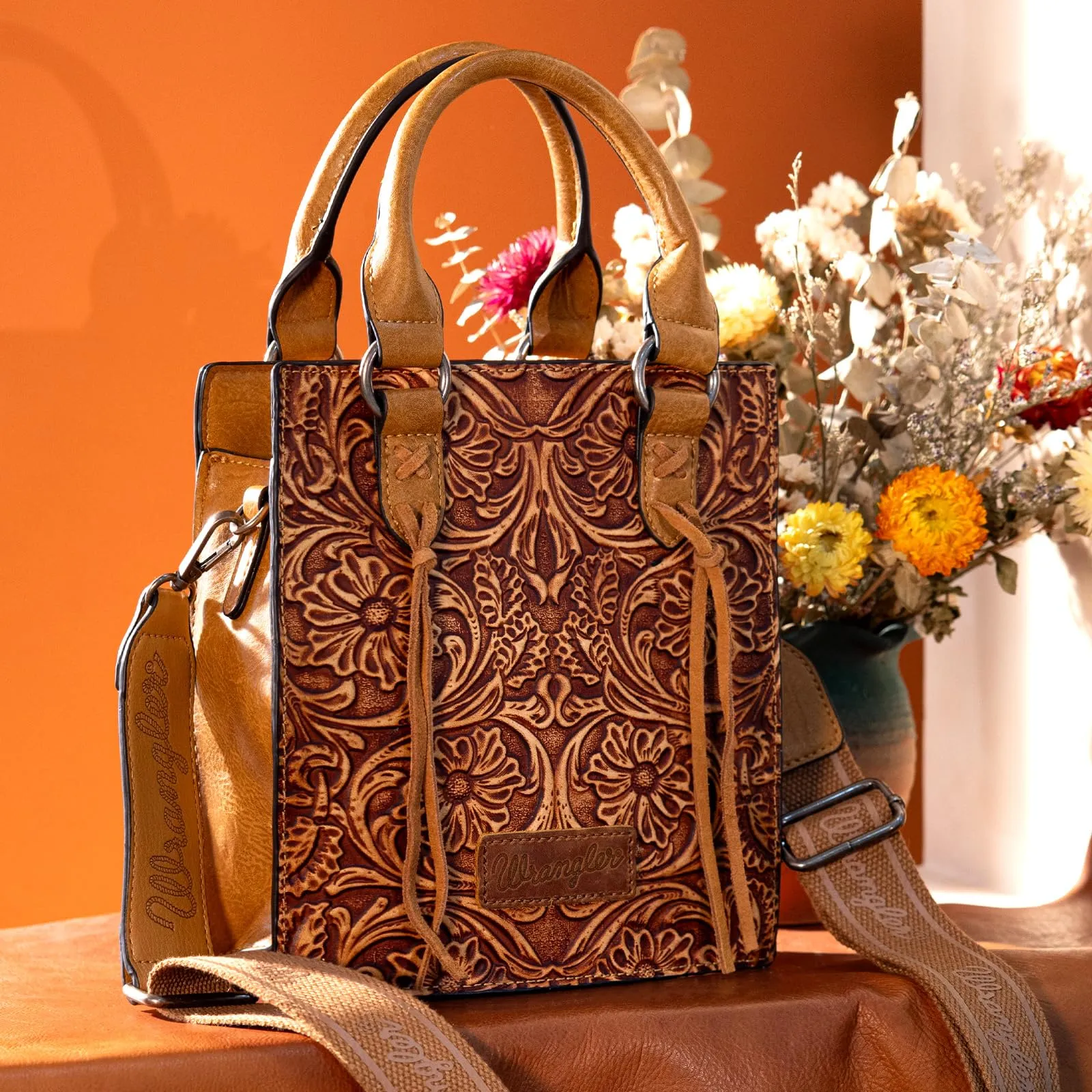 Wrangler Small Crossbody Bag for Women Wallet Women Fringe Top handle handbag Mini Purse and Embossed Western Purse WG271-8119LBR