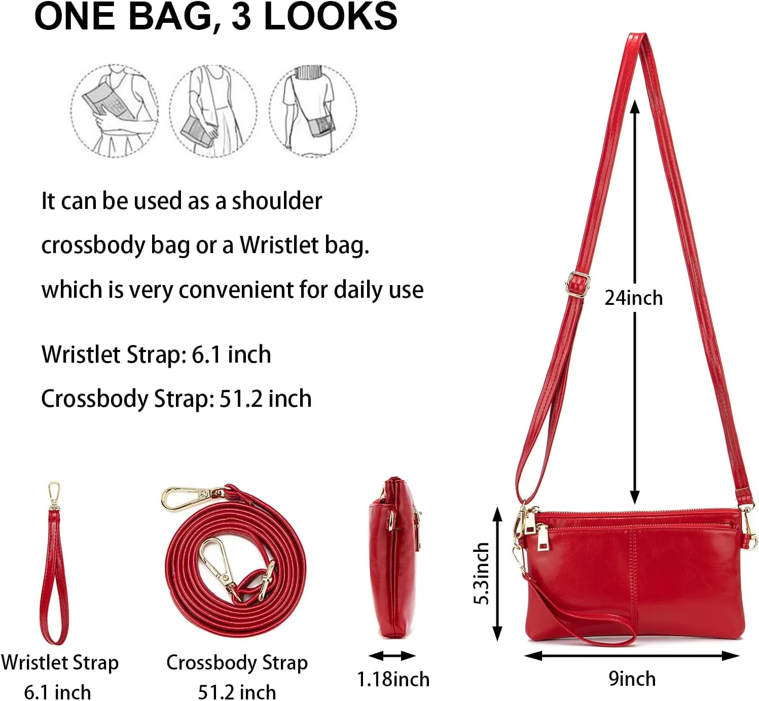 ZOOEASS Triple Zip Small Crossbody Bag Lightweight Purses Vegan Leather Wristlet Clutch, Includes Adjustable Shoulder
