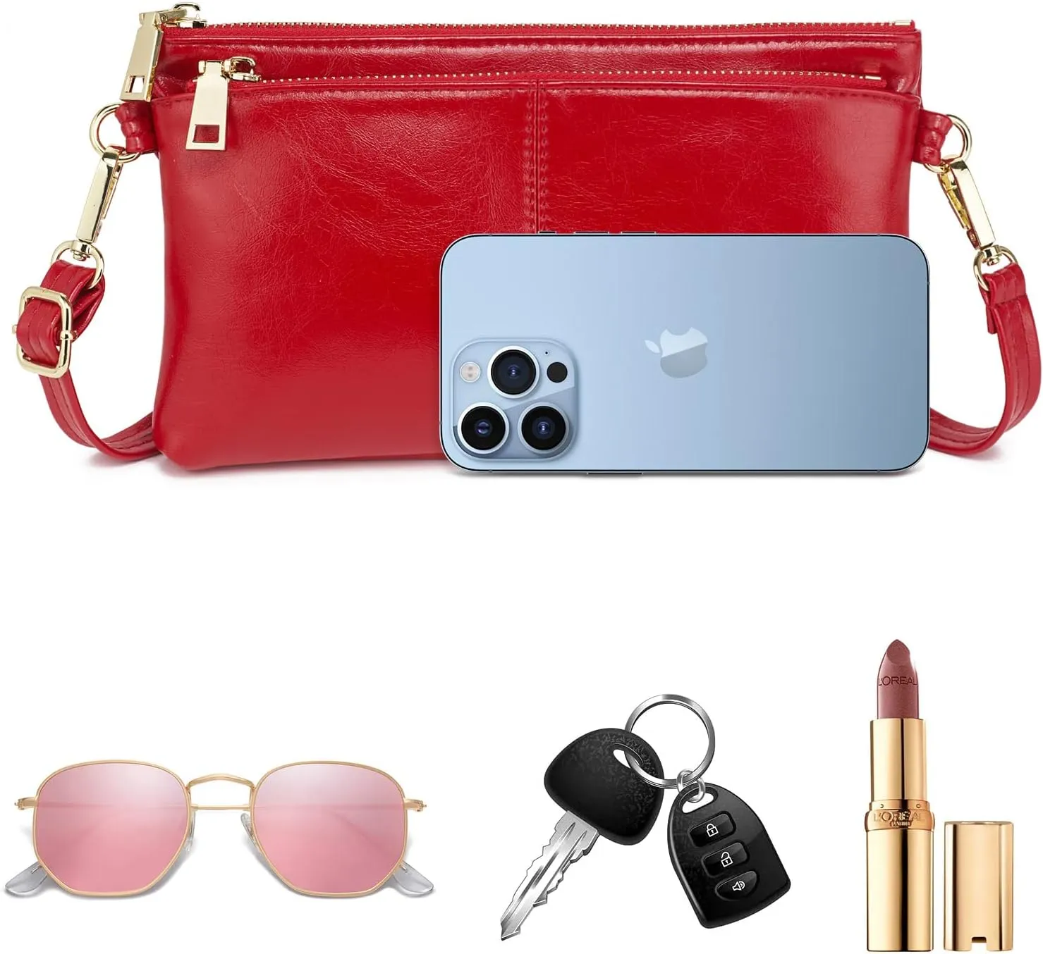 ZOOEASS Triple Zip Small Crossbody Bag Lightweight Purses Vegan Leather Wristlet Clutch, Includes Adjustable Shoulder