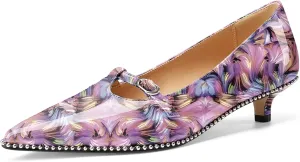 Z.Oufeier Women's Low Kitten Heels Pointed Toe Beaded Pumps Strap Buckle Patent Leather Slip-on Comfortable Office Work Dress Shoes Kitty Heels