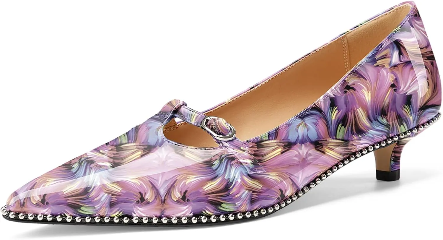 Z.Oufeier Women's Low Kitten Heels Pointed Toe Beaded Pumps Strap Buckle Patent Leather Slip-on Comfortable Office Work Dress Shoes Kitty Heels